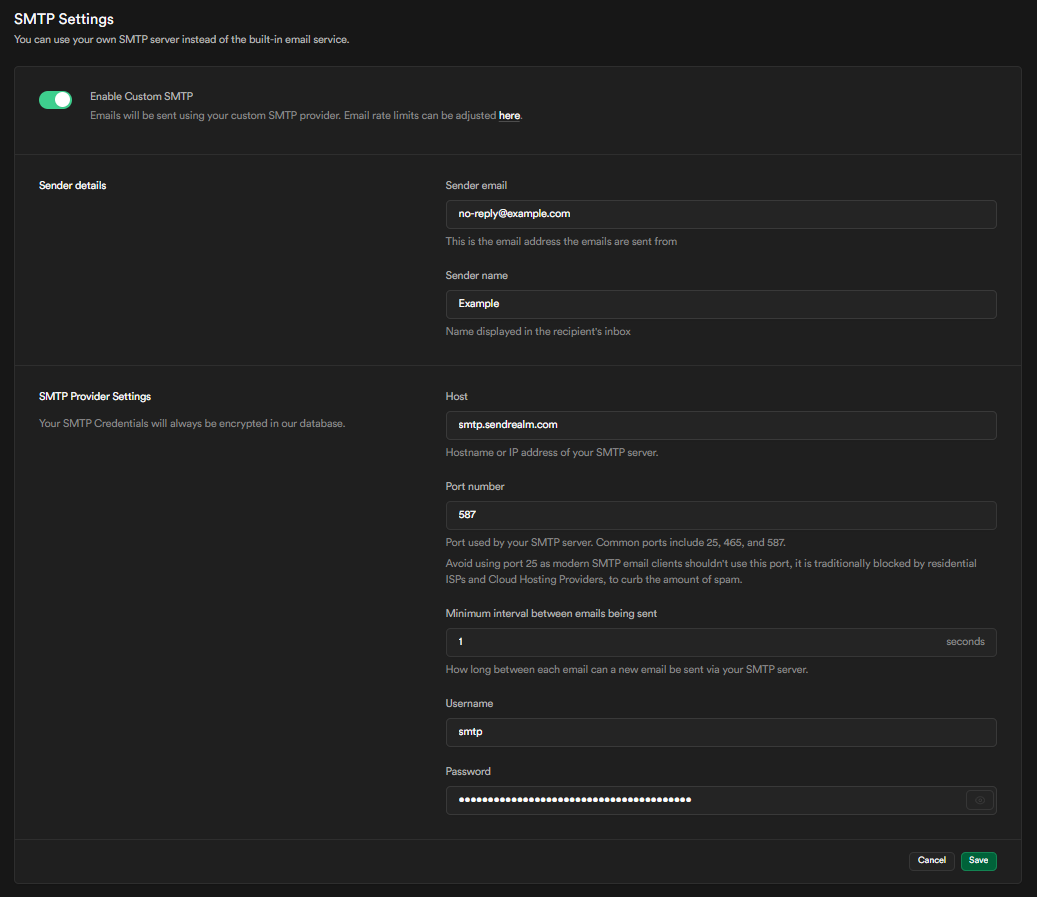 Supabase Custom SMTP Settings